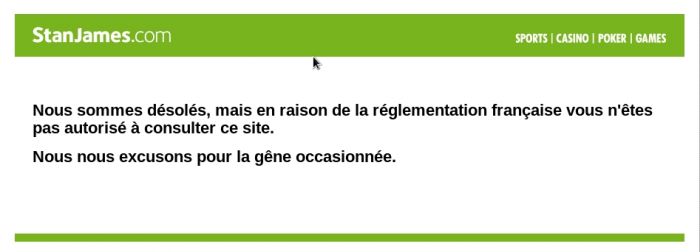 Page du site stan james bloquant les internautes français